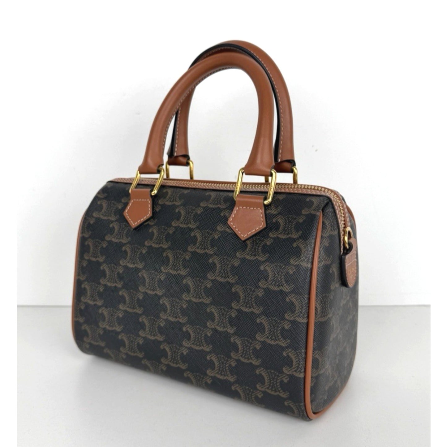 Celine Small Boston Bag in Tan Triomphe Coated Canvas F1