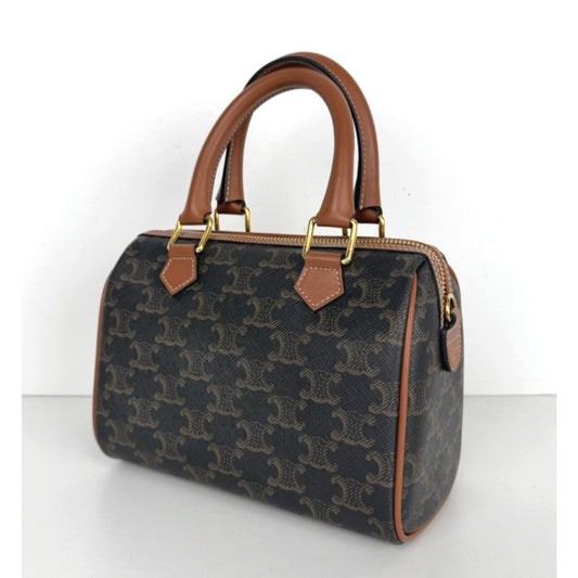 Celine Small Boston Bag in Tan Triomphe Coated Canvas F1