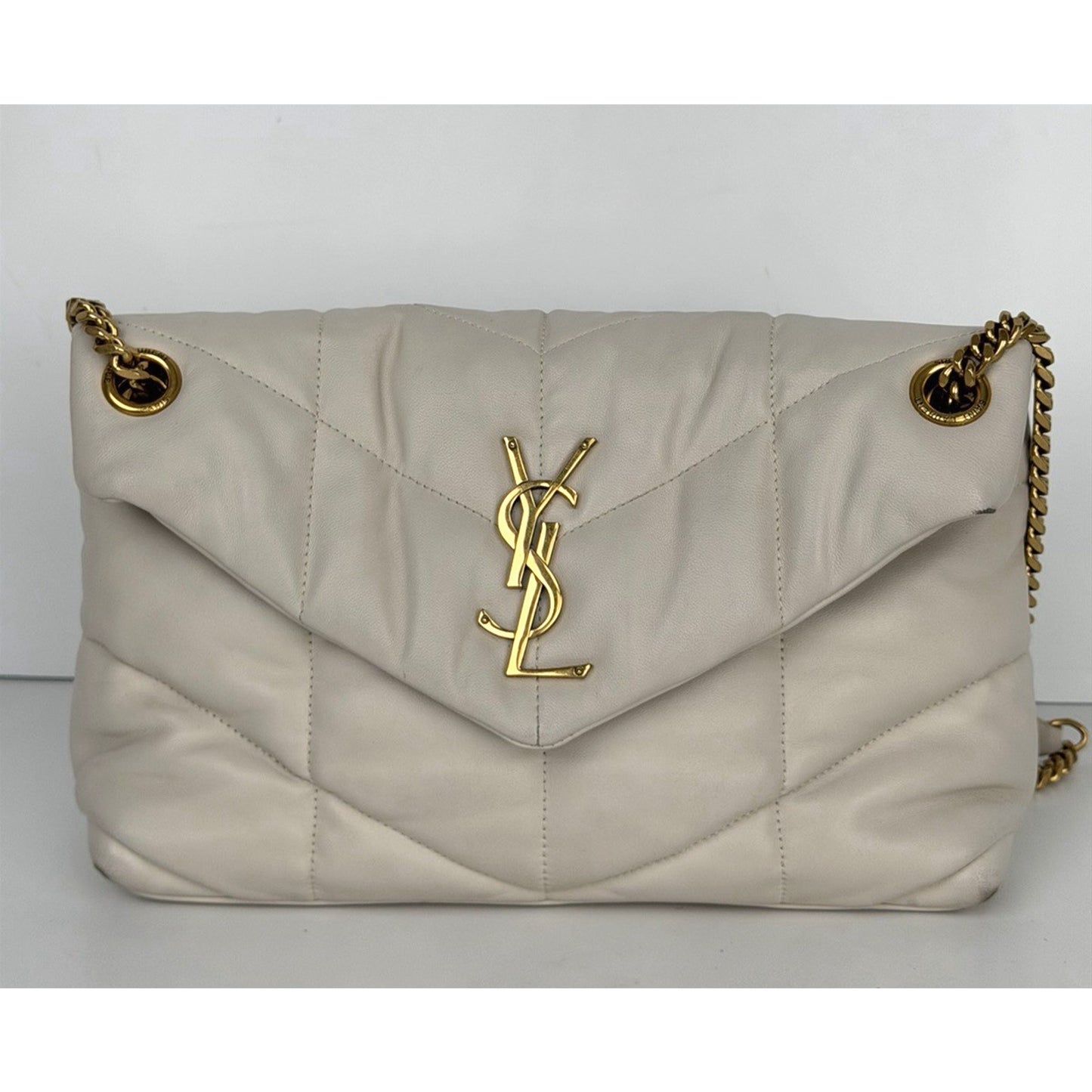 Saint Laurent Loulou Puffer Small Shoulder Bag Quilted White Chevron Leather