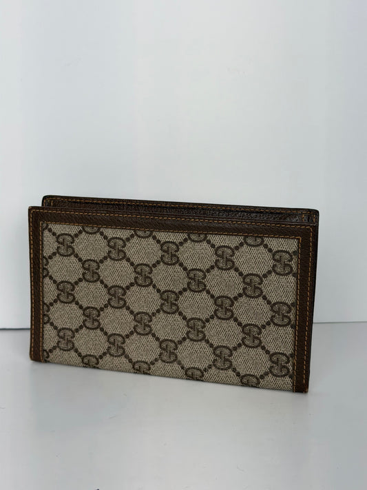 Gucci vintage GG monogram card holder in beige canvas with brown leather trim