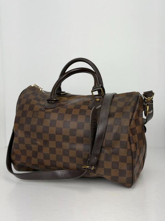 Actual Louis Vuitton Damier Ebene Speedy 30 handbag with shoulder strap