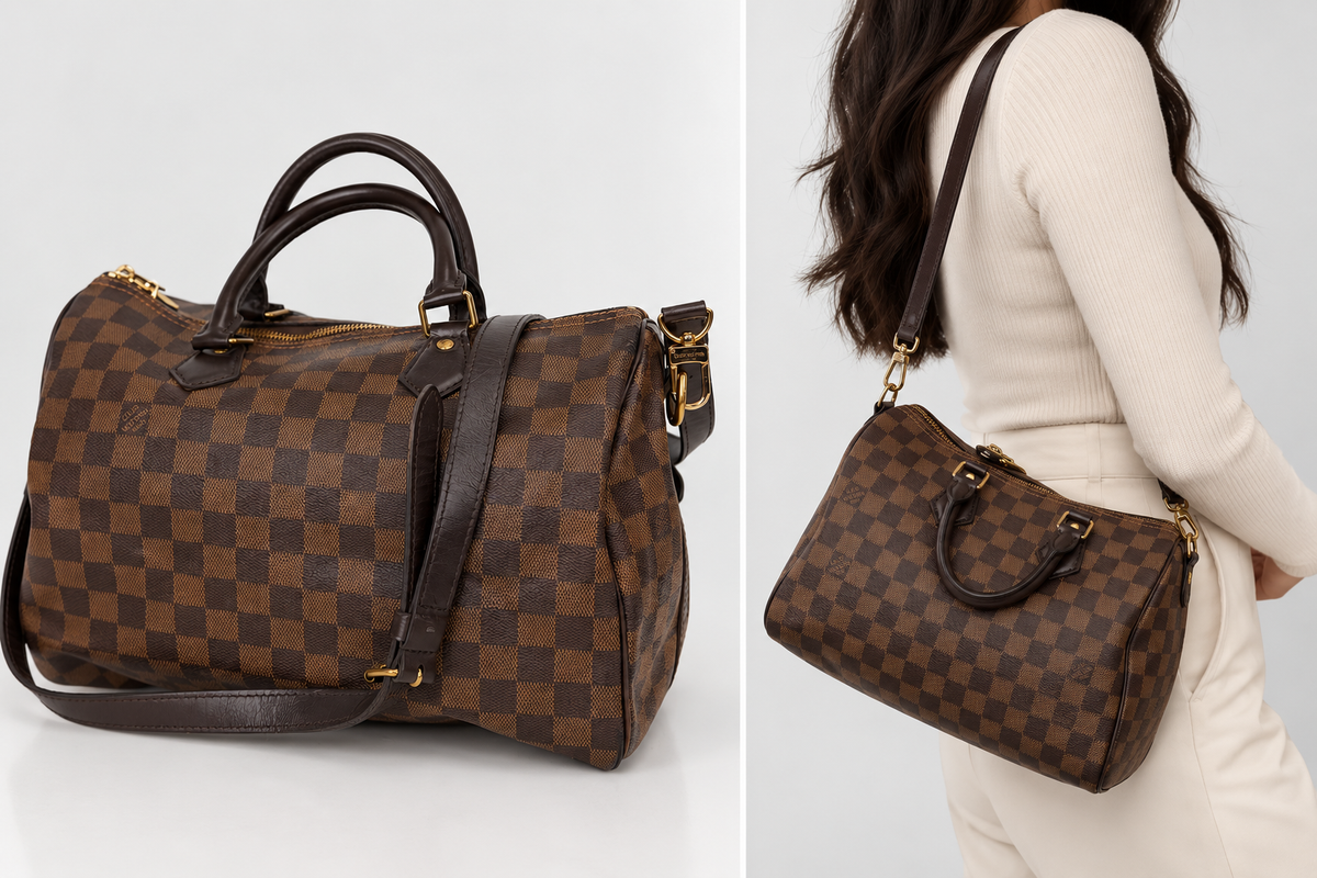 Digitally generated styling image showing similar handbag on shoulder; not actual product photograph