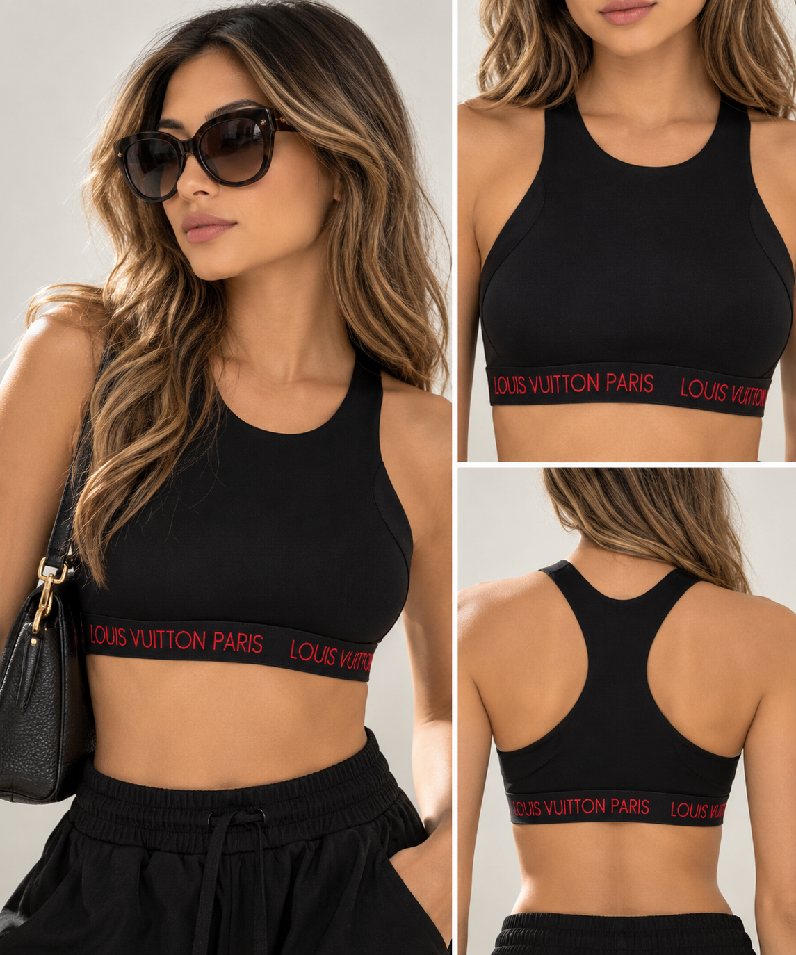 AI-generated illustrative model wearing Louis Vuitton-inspired black logo crop top; refer to actual product photos for exact item