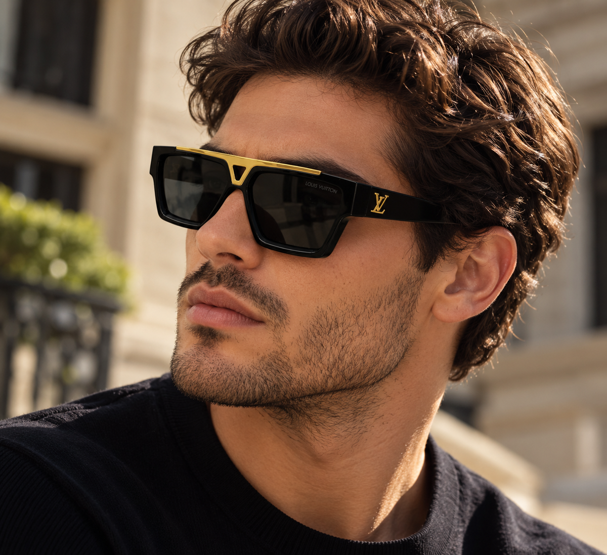 AI-generated styling image of male model wearing Louis Vuitton-style black and gold sunglasses