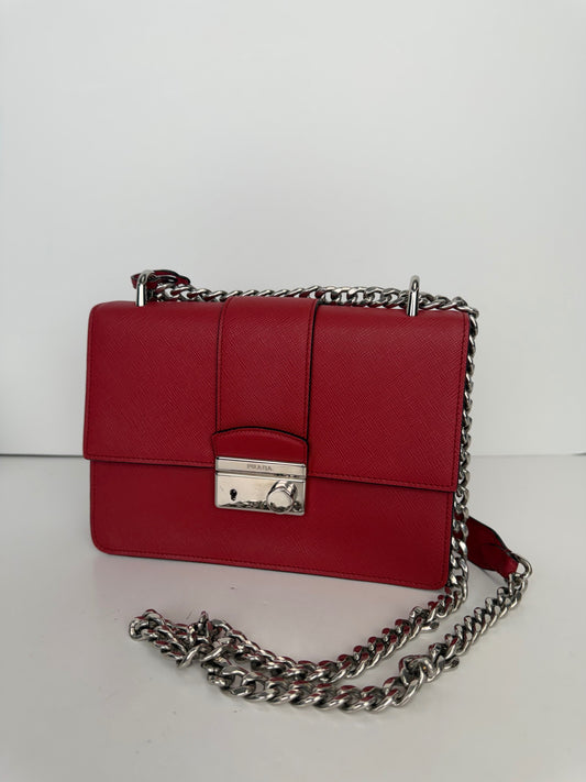 Prada 1BD009 red Saffiano leather chain shoulder bag