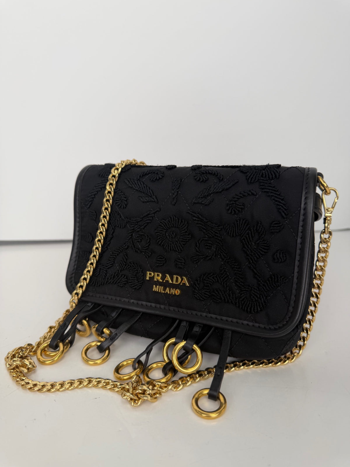 Prada Tessuto Passamaneria embroidered fringe shoulder bag in black