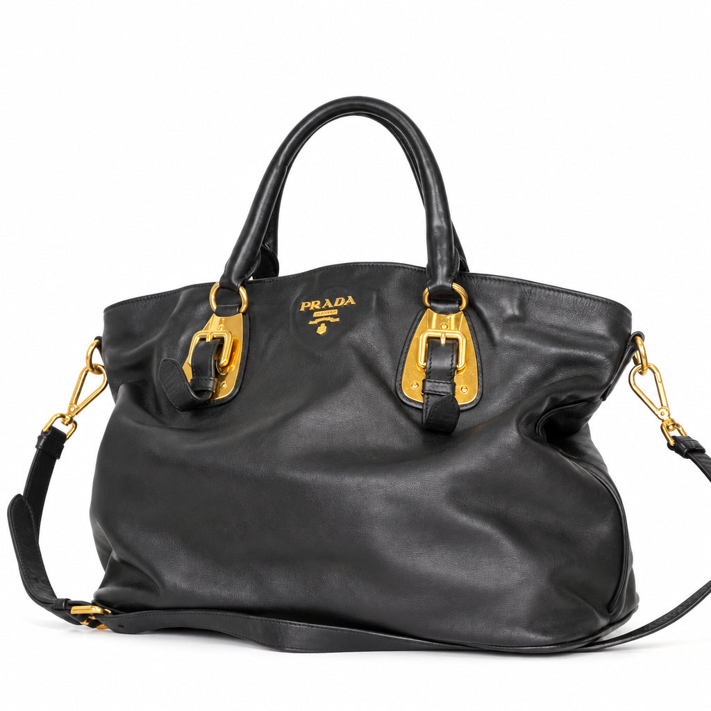 Prada Vitello Daino Buckle Tote in Black