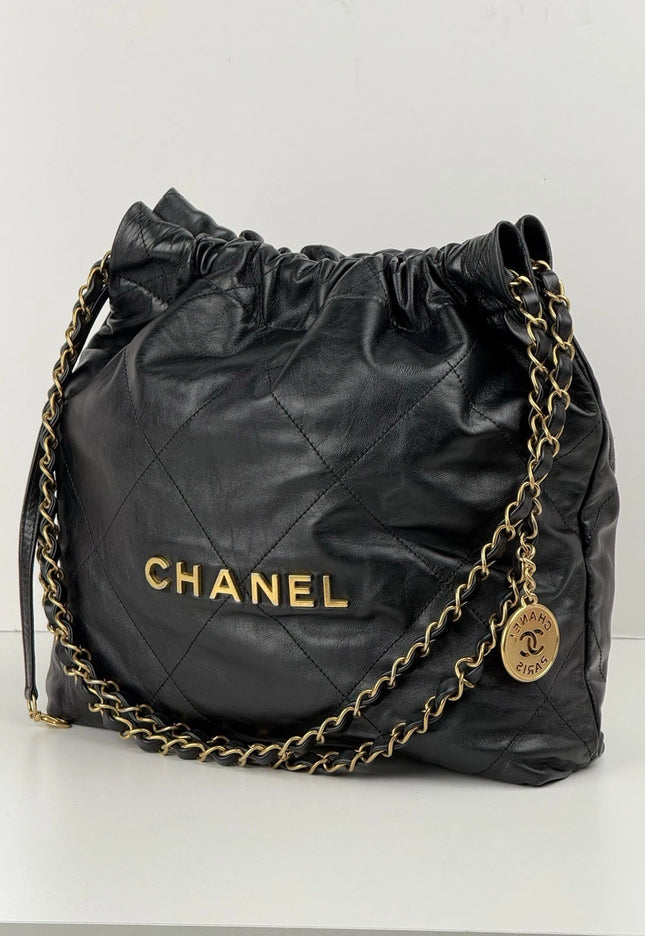 Chanel 22 Chain Hobo Quilted Calfskin Black Leather Shoulder Bag