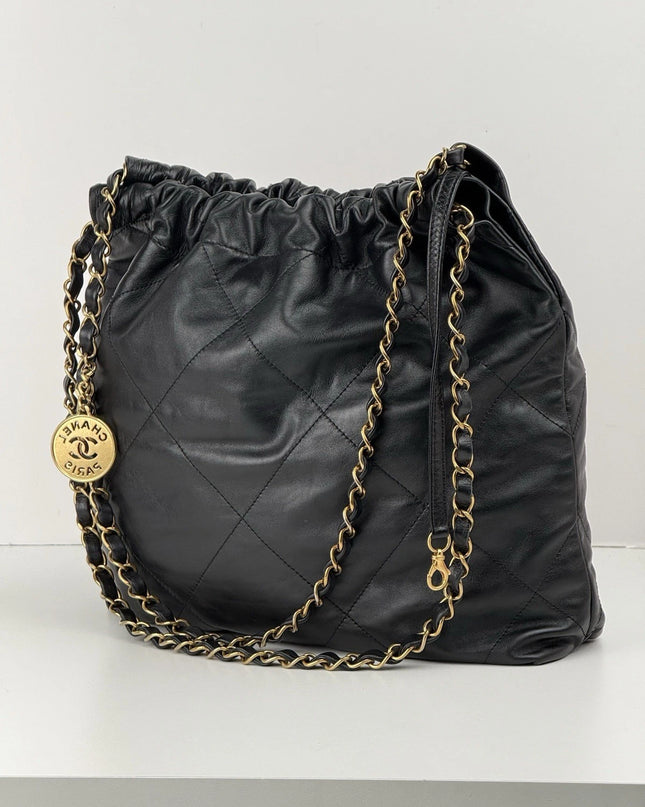 Chanel 22 Chain Hobo Quilted Calfskin Black Leather Shoulder Bag