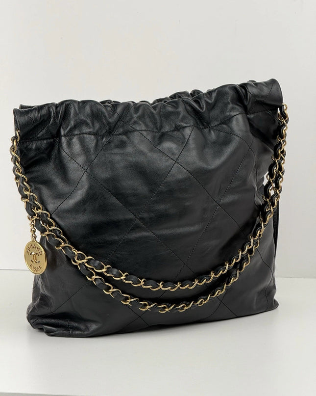 Chanel 22 Chain Hobo Quilted Calfskin Black Leather Shoulder Bag