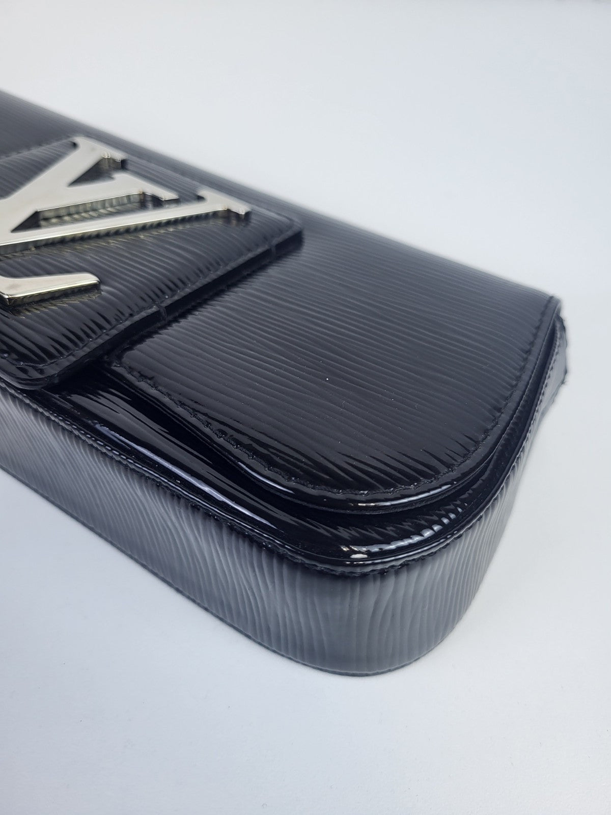 Louis Vuitton Black Patent Leather Silver LV Epi Sobe Clutch Flap Bag