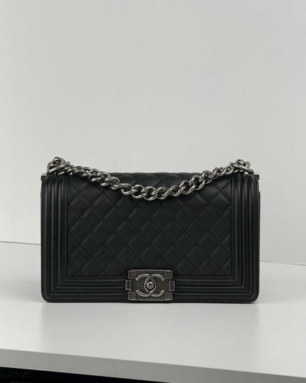 Chanel Medium Boy Bag Calfskin Quilted Flap Black Leather Shoulder Bag