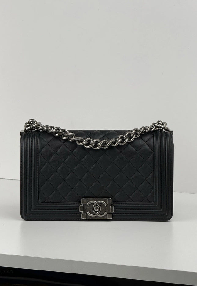 Chanel Medium Boy Bag Calfskin Quilted Flap Black Leather Shoulder Bag