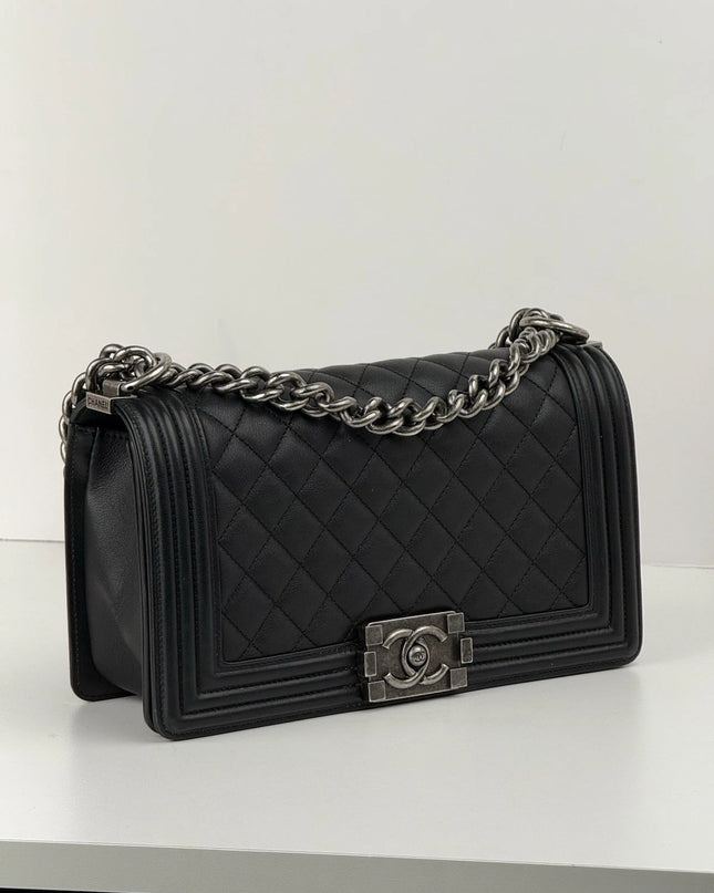 Chanel Medium Boy Bag Calfskin Quilted Flap Black Leather Shoulder Bag