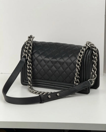 Chanel Medium Boy Bag Calfskin Quilted Flap Black Leather Shoulder Bag