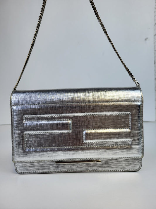 Fendi Tube Wallet On Chain Metallic Silver Leather Crossbody Bag 