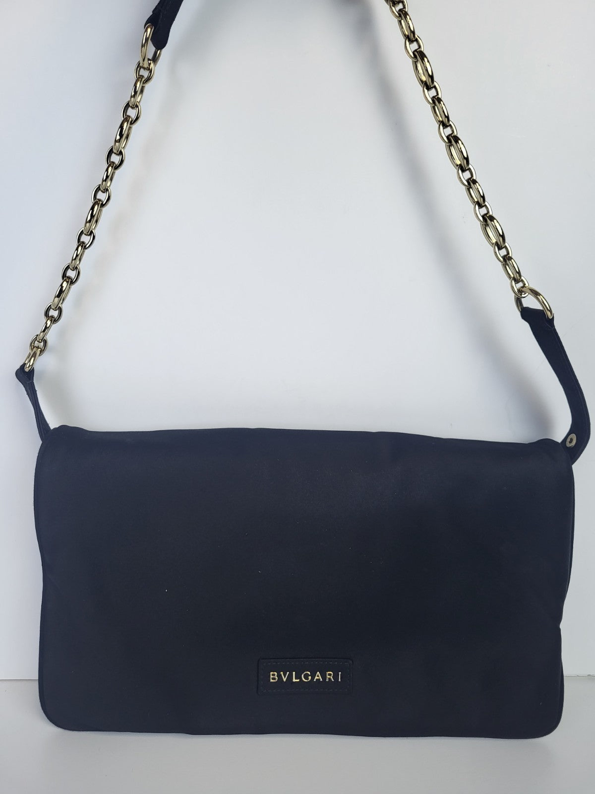 Bvlgari Leoni Flap Chain Shoulder Bag Black Satin 