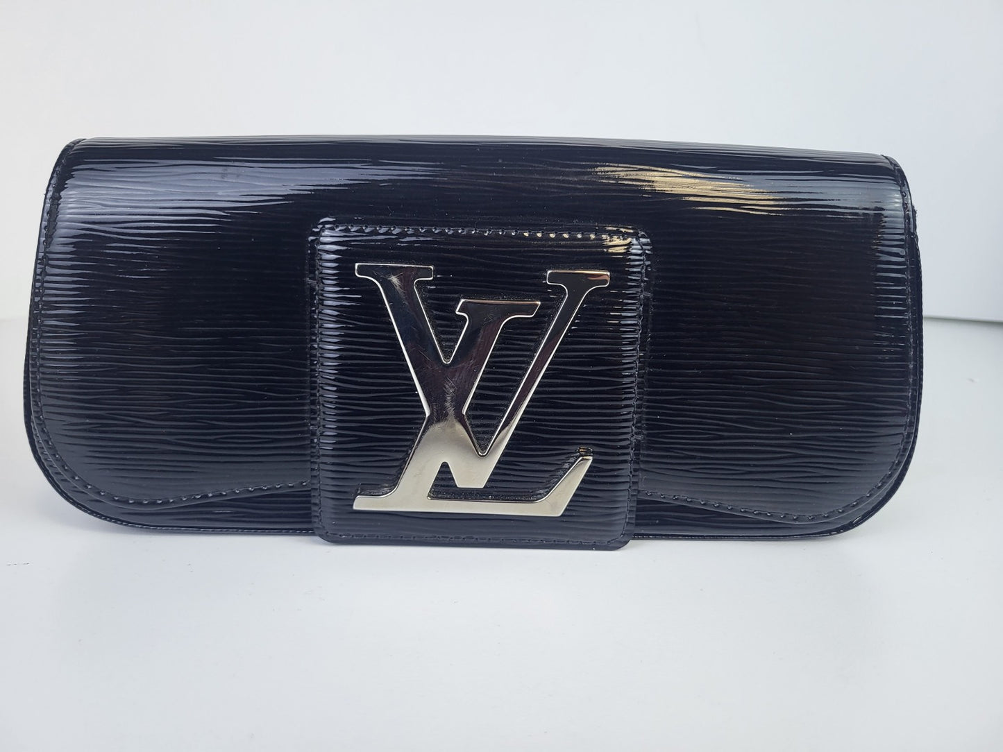 Louis Vuitton Black Patent Leather Silver LV Epi Sobe Clutch Flap Bag