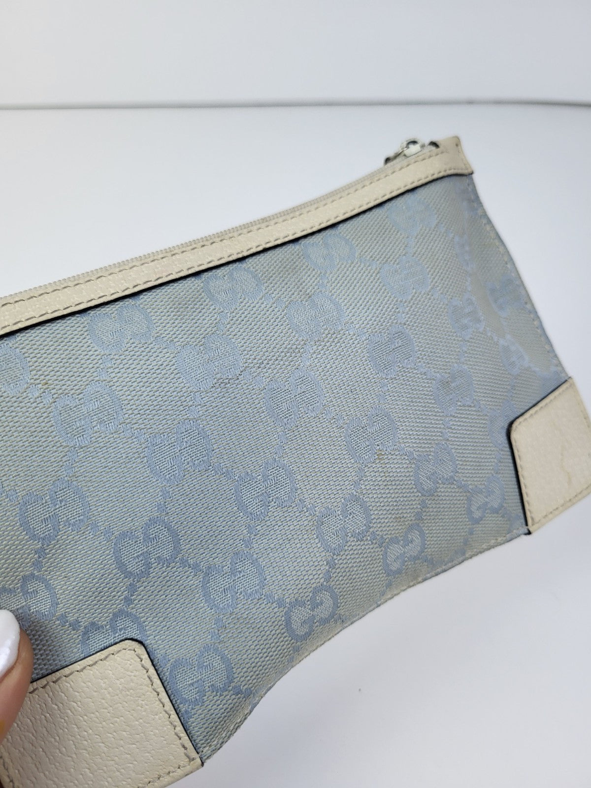 Gucci Ophidia Baby Blue White Leather Small Zip Top Pouch
