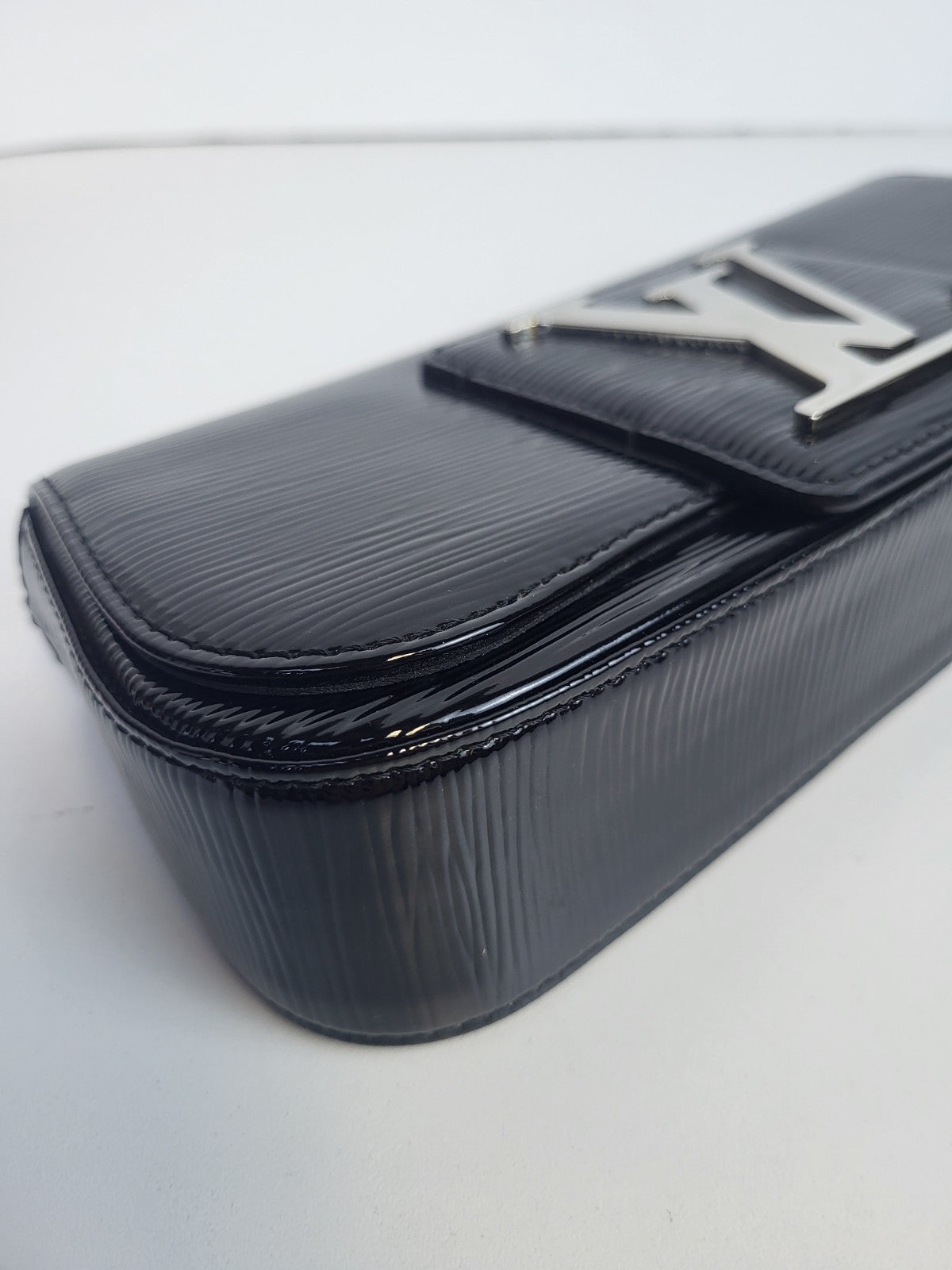 Louis Vuitton Black Patent Leather Silver LV Epi Sobe Clutch Flap Bag