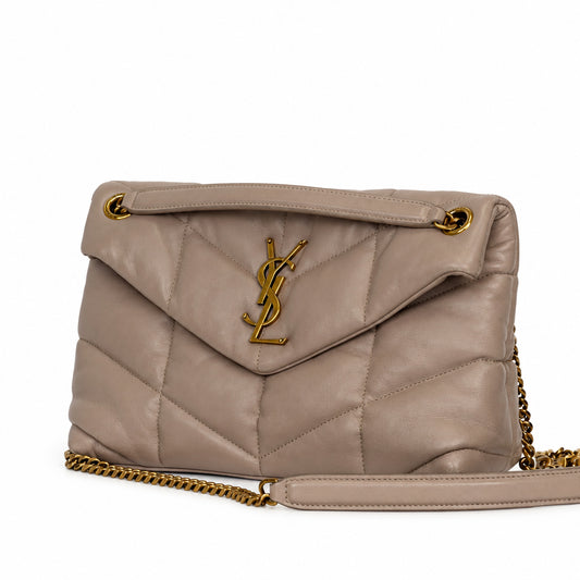 Saint Laurent Small Loulou Puffer in Dark Beige Lambskin