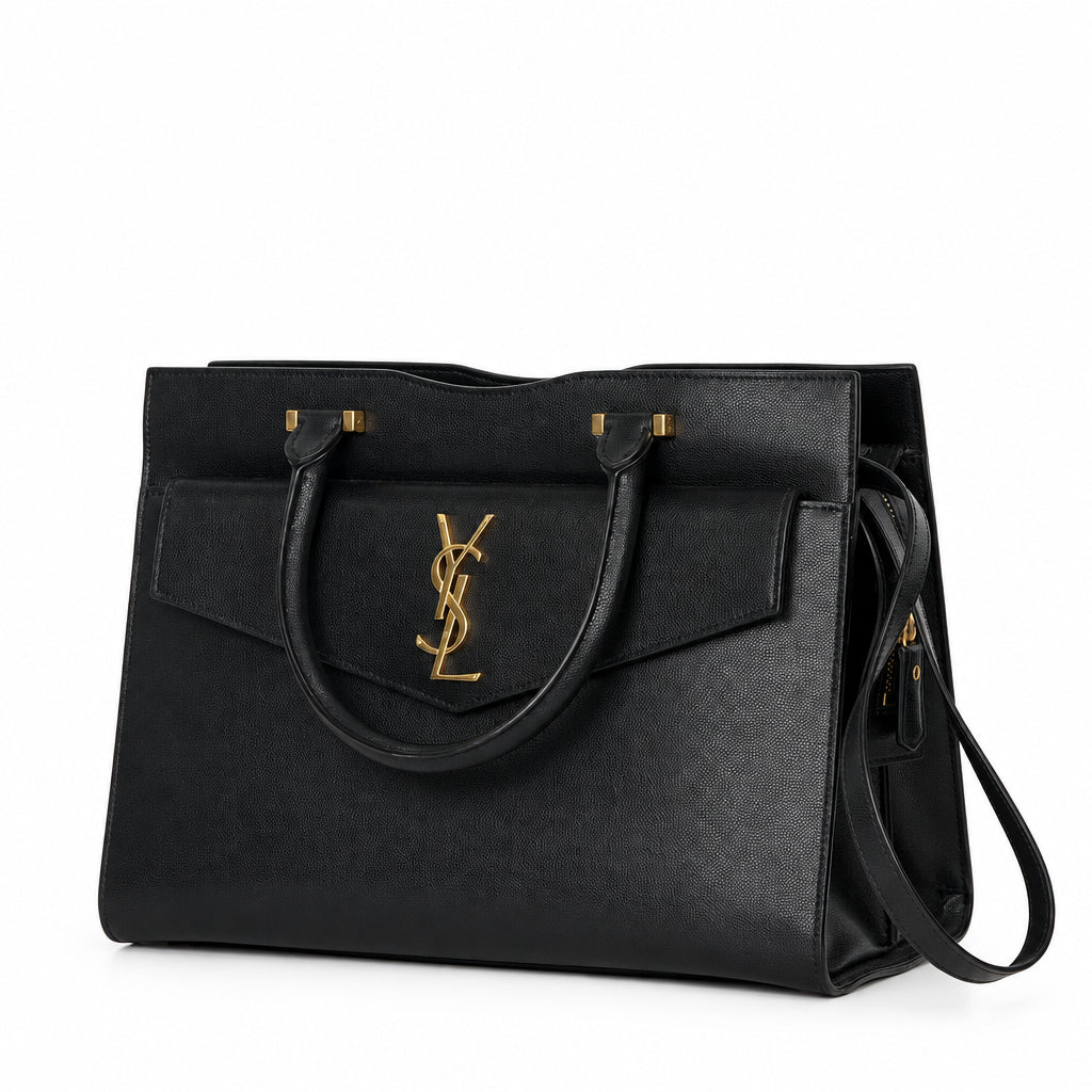 Saint Laurent Uptown Medium Tote Bag in Black Grain de Poudre Leather