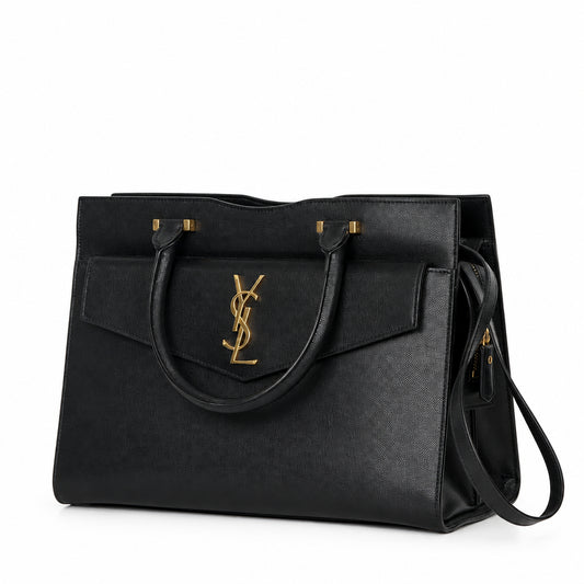 Saint Laurent Uptown Medium Tote Bag in Black Grain de Poudre Leather